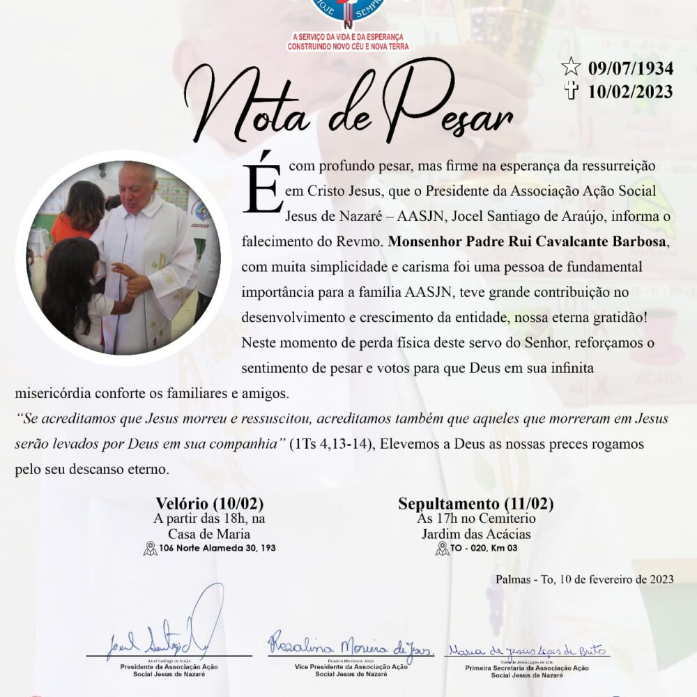 Nota de pesar – Falecimento do Monsenhor padre Rui Cavalcante Barbosa