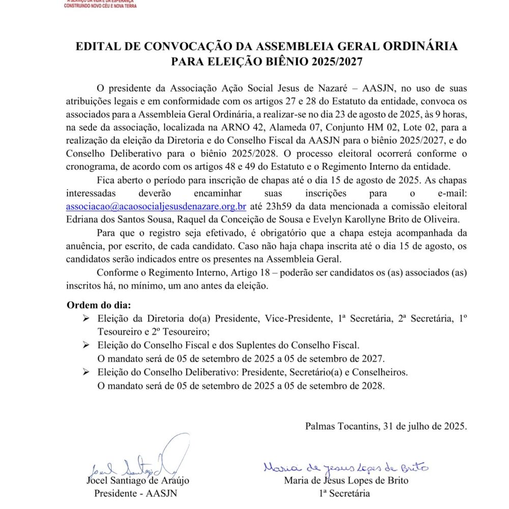 EDITAL DE CONVOCAÇÃO DA ASSEMBLEIA GERAL ORDINÁRIA PARA ELEIÇÃO BIÊNIO 2025/2027