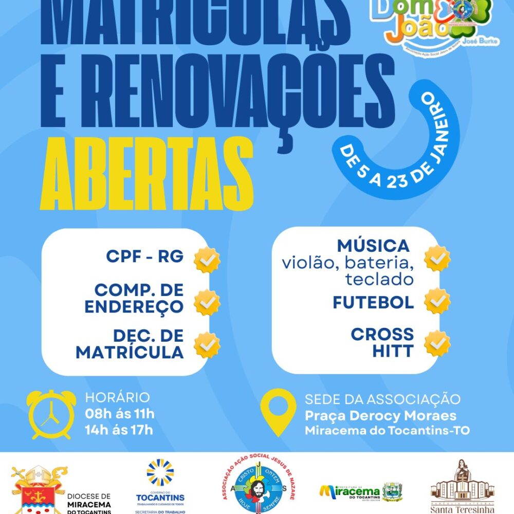 AASJN abre período de renovação e matrículas para oficinas do Projeto Dom João José Burke em Miracema do Tocantins