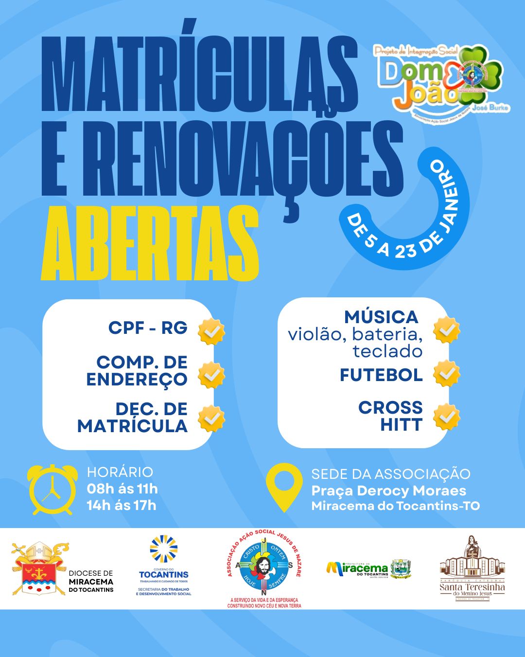 No momento, você está visualizando AASJN abre período de renovação e matrículas para oficinas do Projeto Dom João José Burke em Miracema do Tocantins