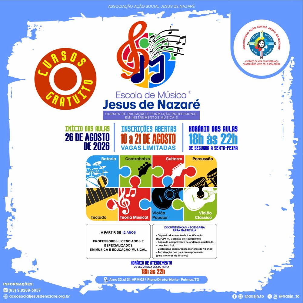 Escola de Música Jesus de Nazaré abre inscrições para novos alunos em Palmas